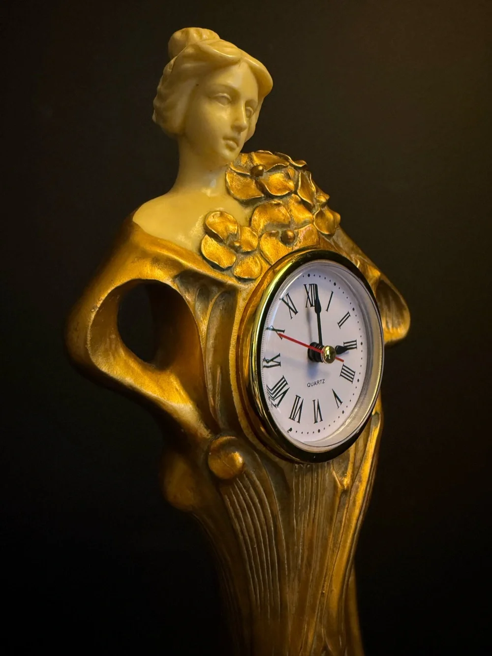 Art Nouveau Woman with Flowers Mantel Clock Poly Dragon Designed in U.K. Quartz